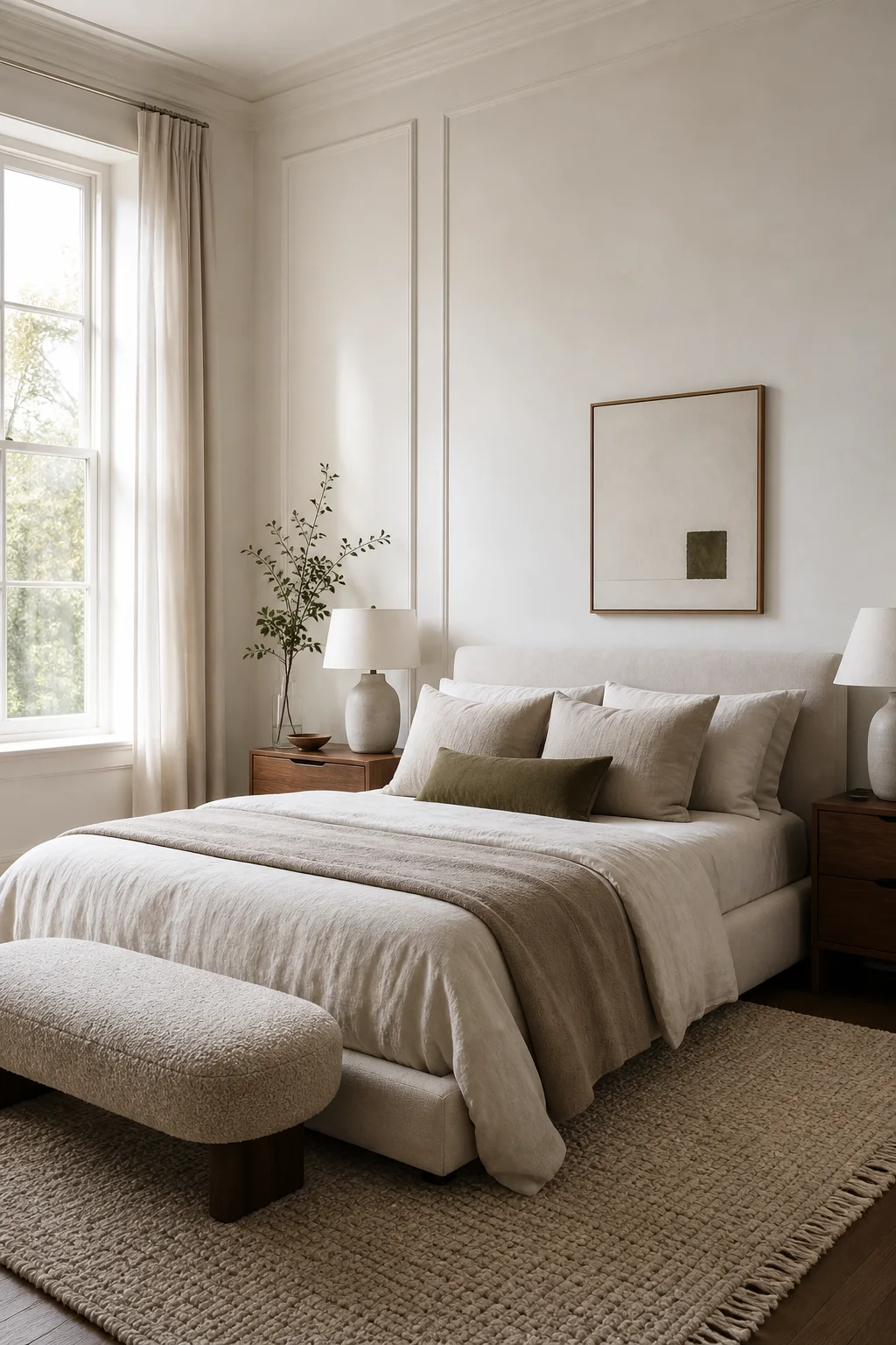 A serene, warmly styled bedroom in neutral tones