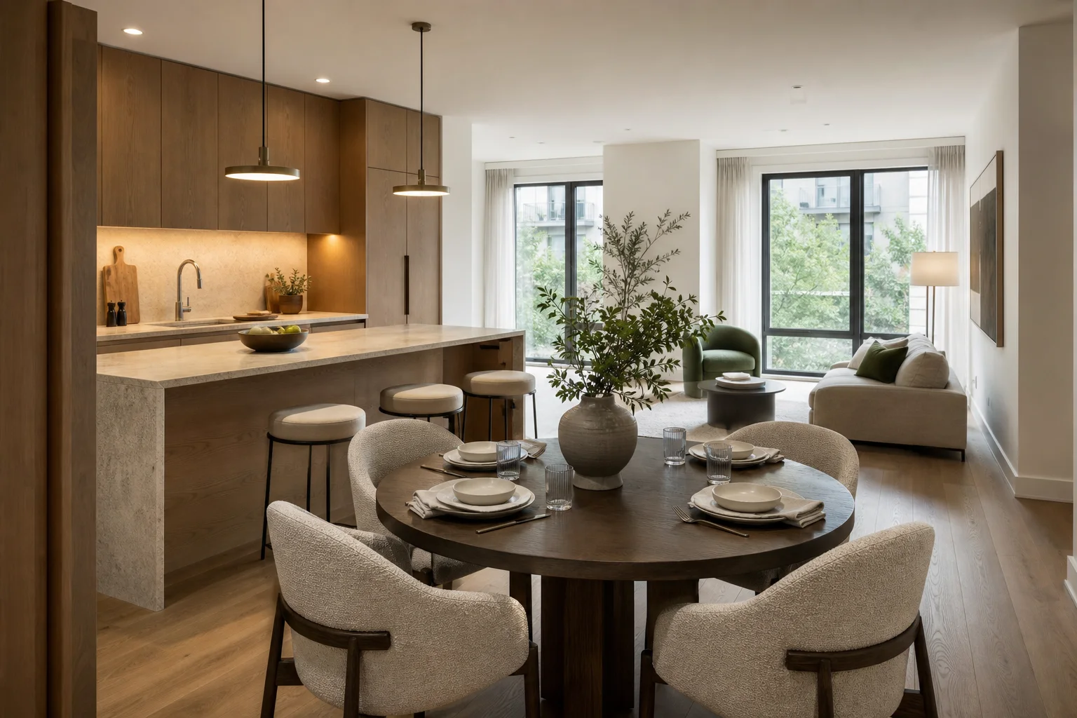 An open-plan kitchen and dining room styled for comfortable living